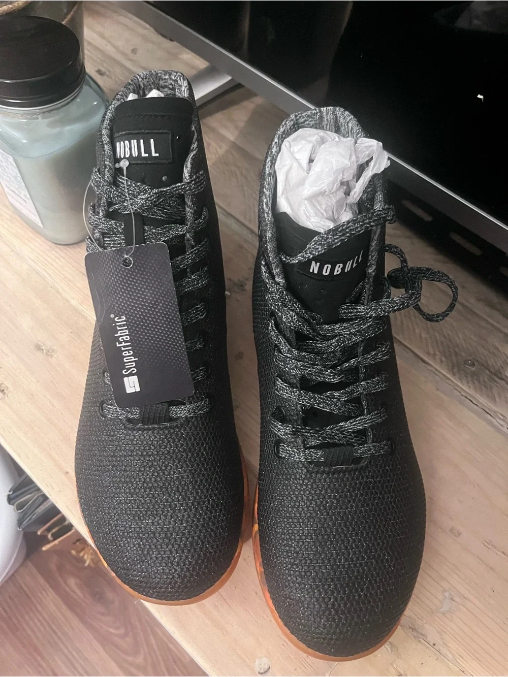 NOBULL Black Knit High-Top Trainers with Orange Sole